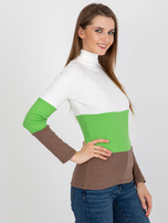 Hurtownia Ecru-jasnozielona prążkowana bluzka basic z golfem