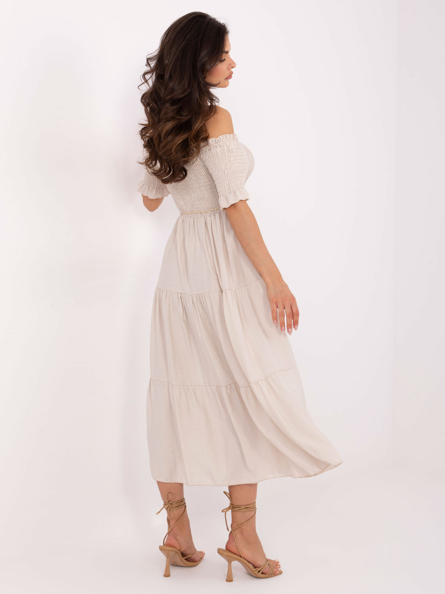 Beige off-the-shoulder dress for summer.