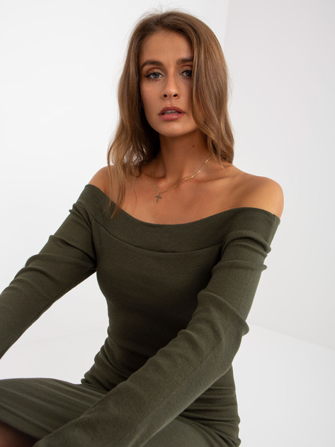 Hurtownia Khaki sukienka basic prążkowana z długim rękawem