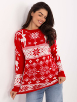 Czerwony długi sweter w renifery 