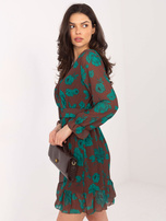 Brązowo-zielona sukienka z falbaną Loriella