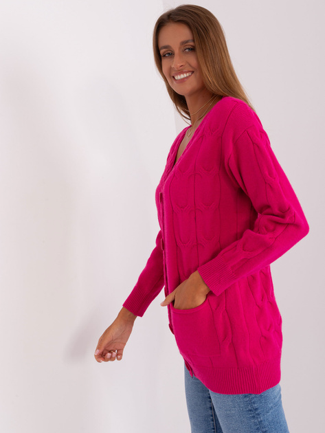 Hurt Fuksjowy damski sweter rozpinany z warkoczami