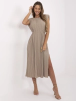 Dark beige midi dress with slits.