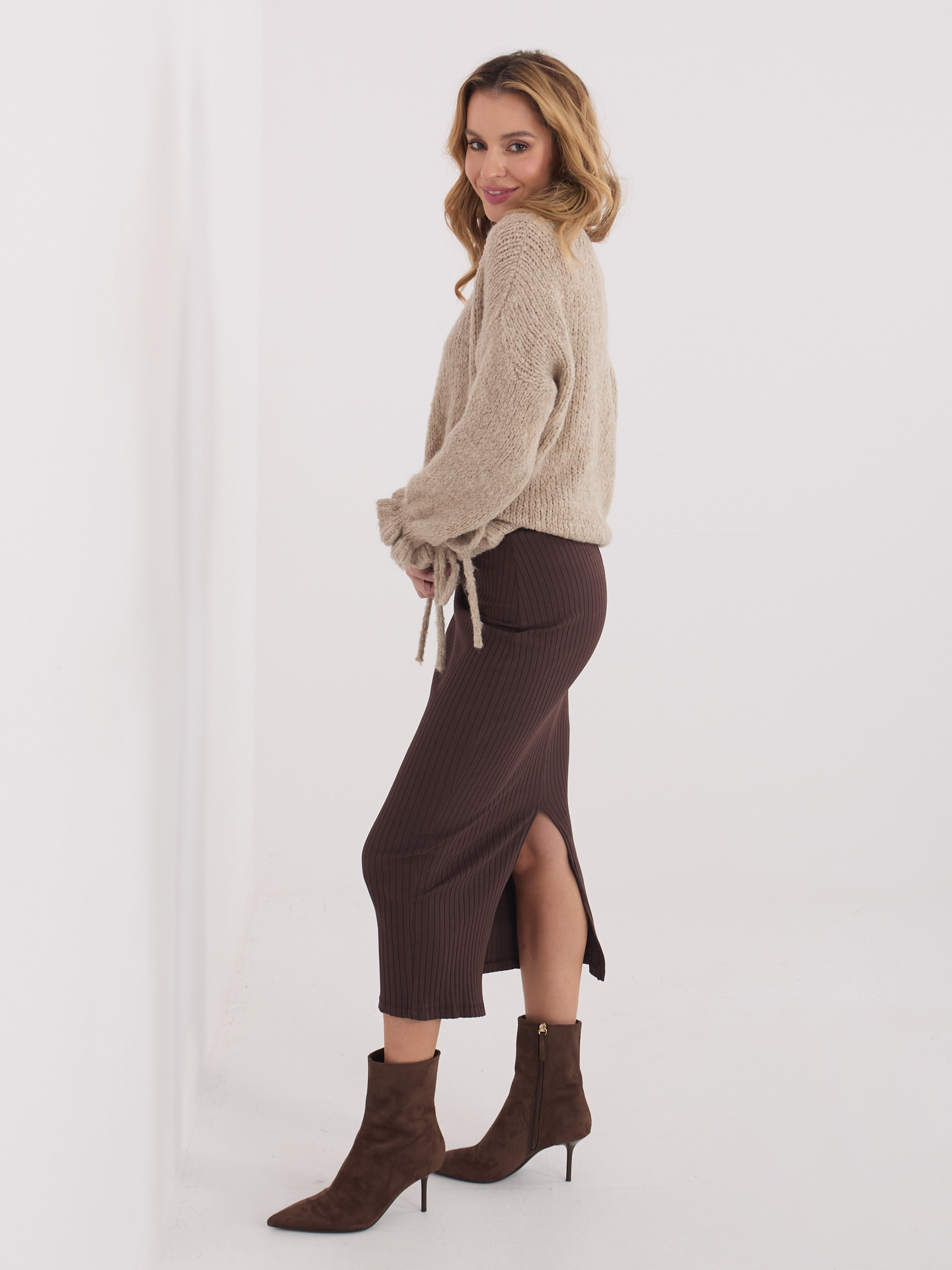 Chocolate striped midi skirt RUE PARIS.