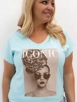 Menta bombažna majica plus size z vzorcem.