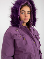 Hurt Fioletowa puchowa kurtka zimowa z futerkiem na kapturze  