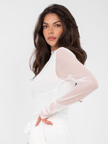 White draped blouse with gathers.