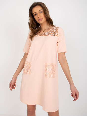 Peach Hurt mini cocktail dress with pockets.