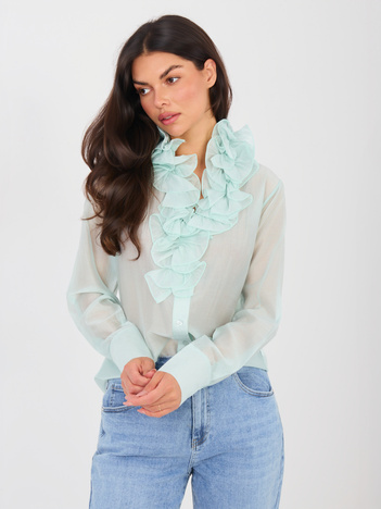 Jasnomiętowa prześwitująca koszula z żabotem
