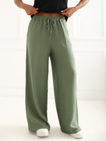 Khaki wide pants with a tie.