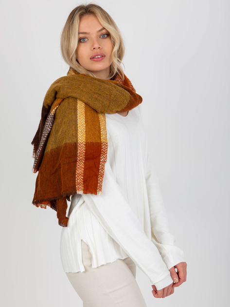 Hurtownia online Brązowo-żółty duży szal w kratę z wełną