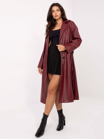 Bordowy dwurzędowy płaszcz z ekoskóry RUE PARIS