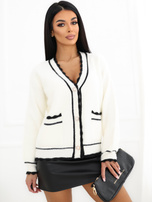 Ecru eleganter Cardigan mit kontrastierendem Besatz.