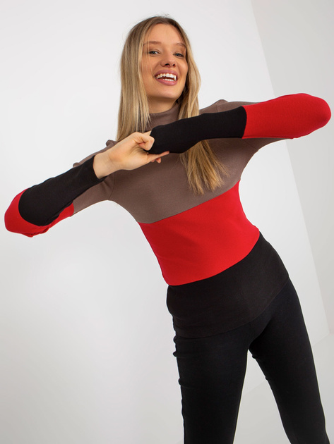 Hurt Brązowo-czarna damska bluzka basic z golfem w prążek