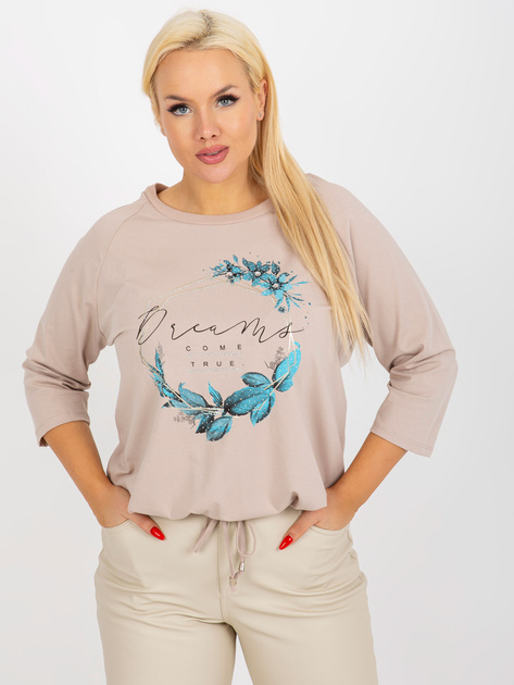 Hurt Beżowa bluzka plus size z aplikacją i rękawem 3/4
