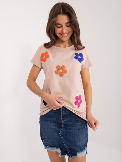 Hurt Ciemnobeżowy t-shirt z aplikacją w kwiaty BASIC FEEL GOOD