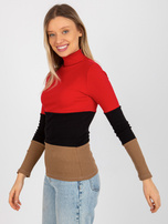 Hurt Czerwono-ciemnocamelowa bluzka basic z golfem w prążek