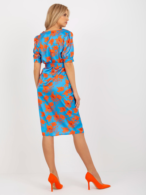 Hurt Niebiesko-pomarańczowa midi sukienka koktajlowa z paskiem