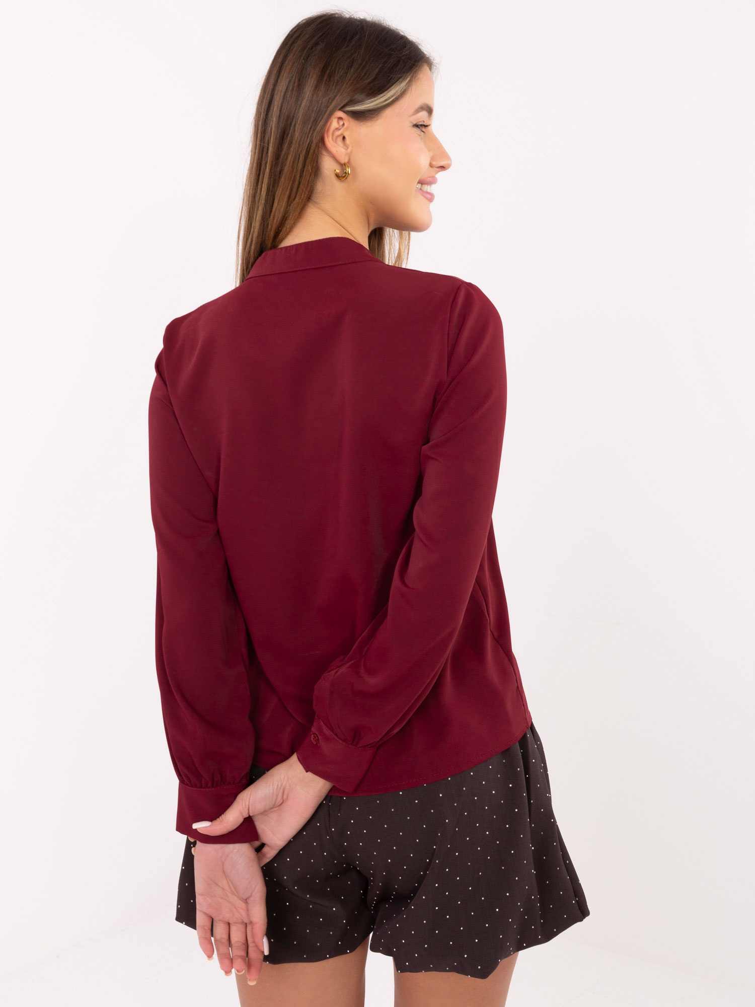 Burgundy dress shirt with ruffles.