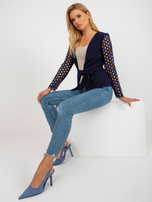 Hurt Granatowa damska marynarka z ozdobnymi rękawami