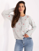 Light gray sweater with a round neckline.