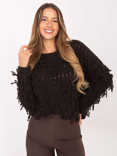 Ciemnobrązowy sweter oversize z frędzlami RUE PARIS