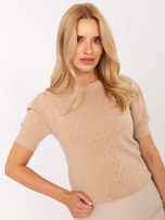 Camelowy damski sweter ze ściągaczami 