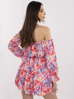 Red-blue off-the-shoulder dress with puff sleeves.