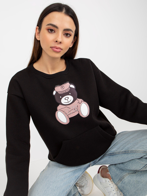 Hurt Czarna dresowa bluza kangurka z aplikacją i misiem