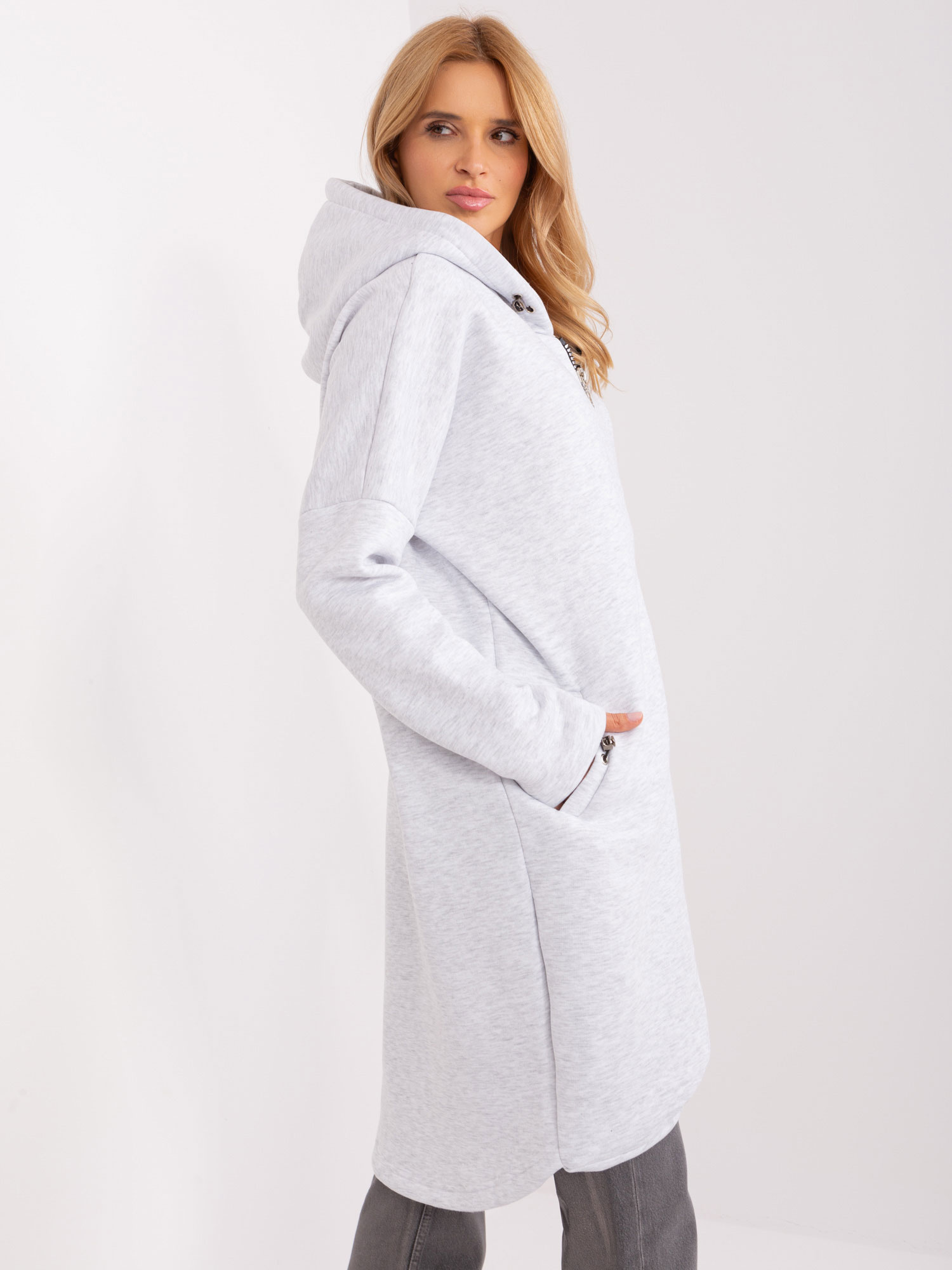 Jasnoszara melanżowa bluza basic z suwakiem RUE PARIS