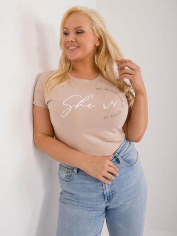Hurt Beżowy t-shirt plus size z aplikacją z dżetów