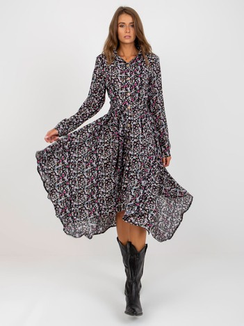 Hurt Czarna wzorzysta sukienka z paskiem RUE PARIS