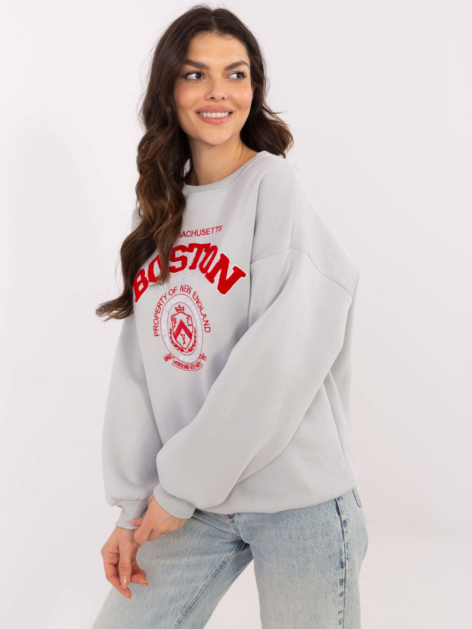 Hurt Jasnoszara damska bluza oversize z naszywką
