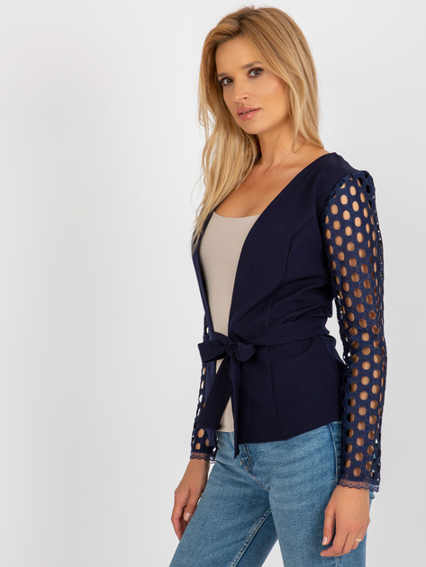 Hurt Granatowa damska marynarka z ozdobnymi rękawami