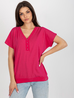 Hurt Fuksjowa bawełniana bluzka basic z dekoltem V