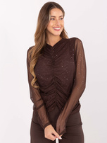 Chocolate mesh blouse with appliqués.