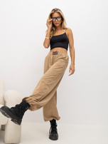 RUE PARIS Camel corduroy pants with ankle cuffs.