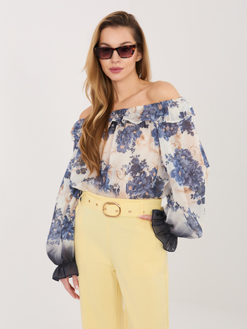 Ciemnoniebieska bluzka hiszpanka z bufiastym rękawem