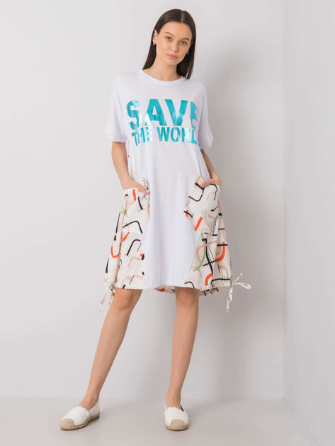 Biało-beżowa sukienka z napisem Ebba