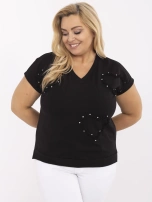 Black casual plus size blouse with a drawstring.
