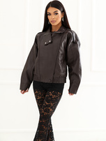 Dunkelbraune Jacke aus Kunstleder mit Gummizug am Saum.