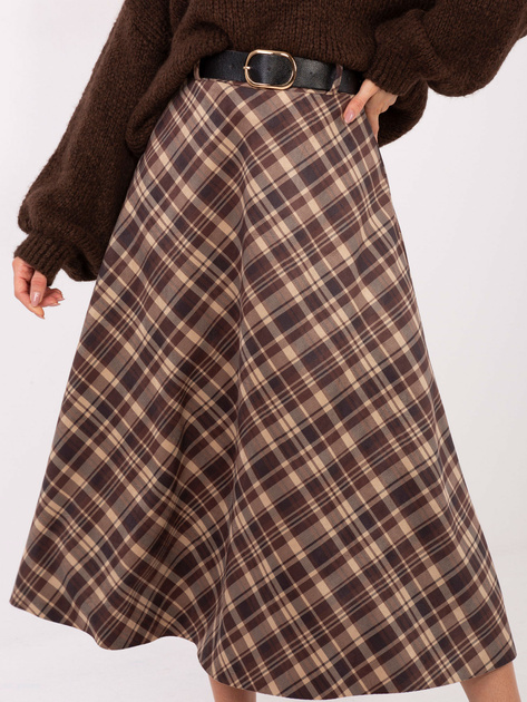 Czekoladowa rozkloszowana spódnica w kratę RUE PARIS