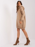 Dunkelbeige lange Kapuzenjacke mit Kängurutasche.