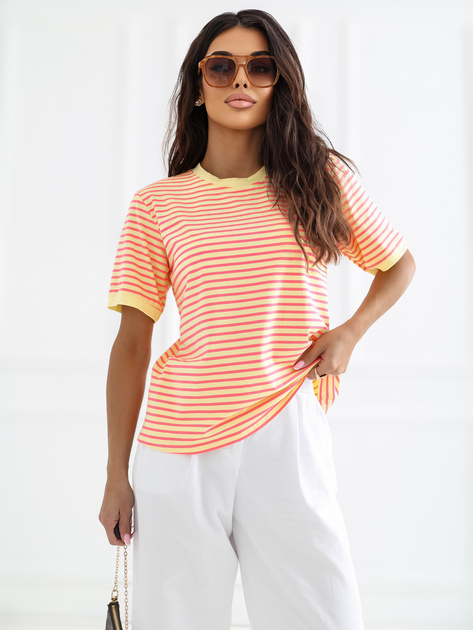 Fluo różowo-żółty t-shirt oversize w paski RUE PARIS