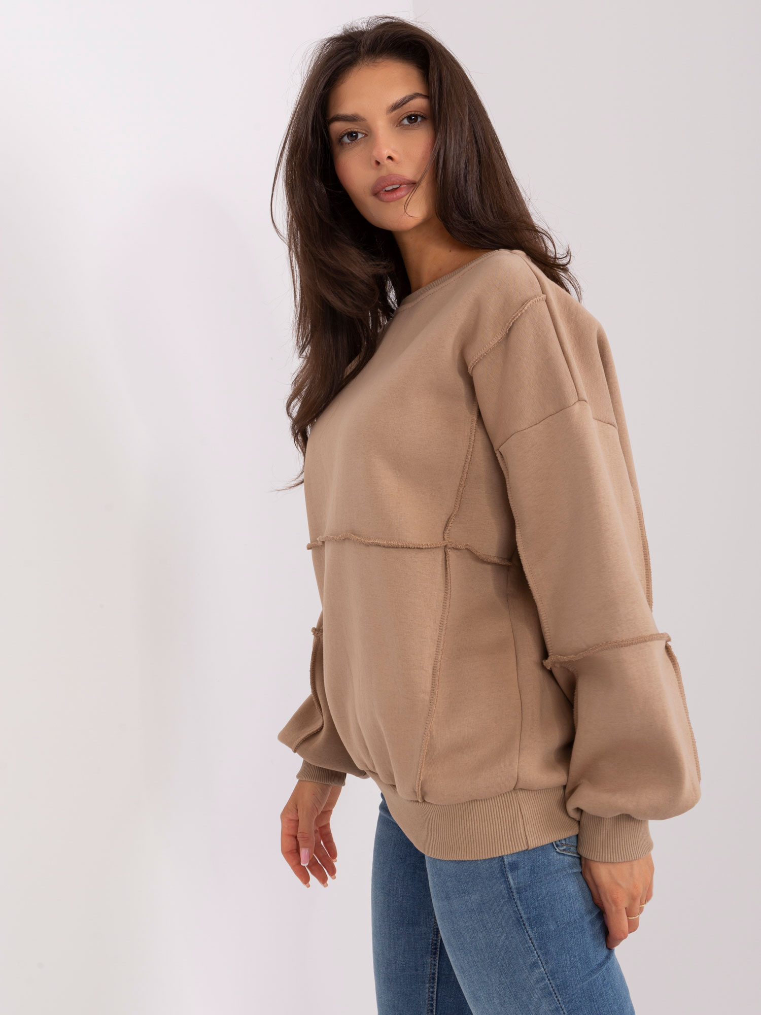 Dark beige insulated sweatshirt without a hood.