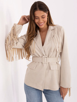 Jasnobeżowa zamszowa marynarka z paskiem RUE PARIS 