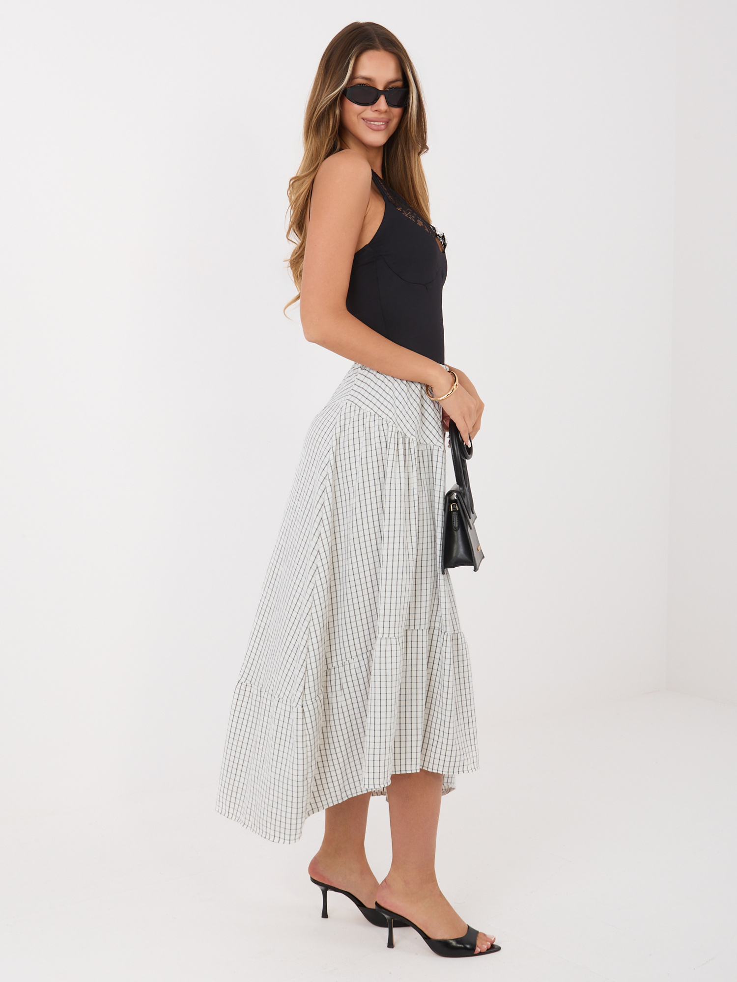 Ecru letnia spódnica w kratkę