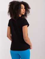 Wholesale Black T-shirt with BASIC FEEL GOOD appliqué.