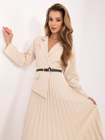 Jasnobeżowa midi sukienka z plisowanym dołem RUE PARIS 