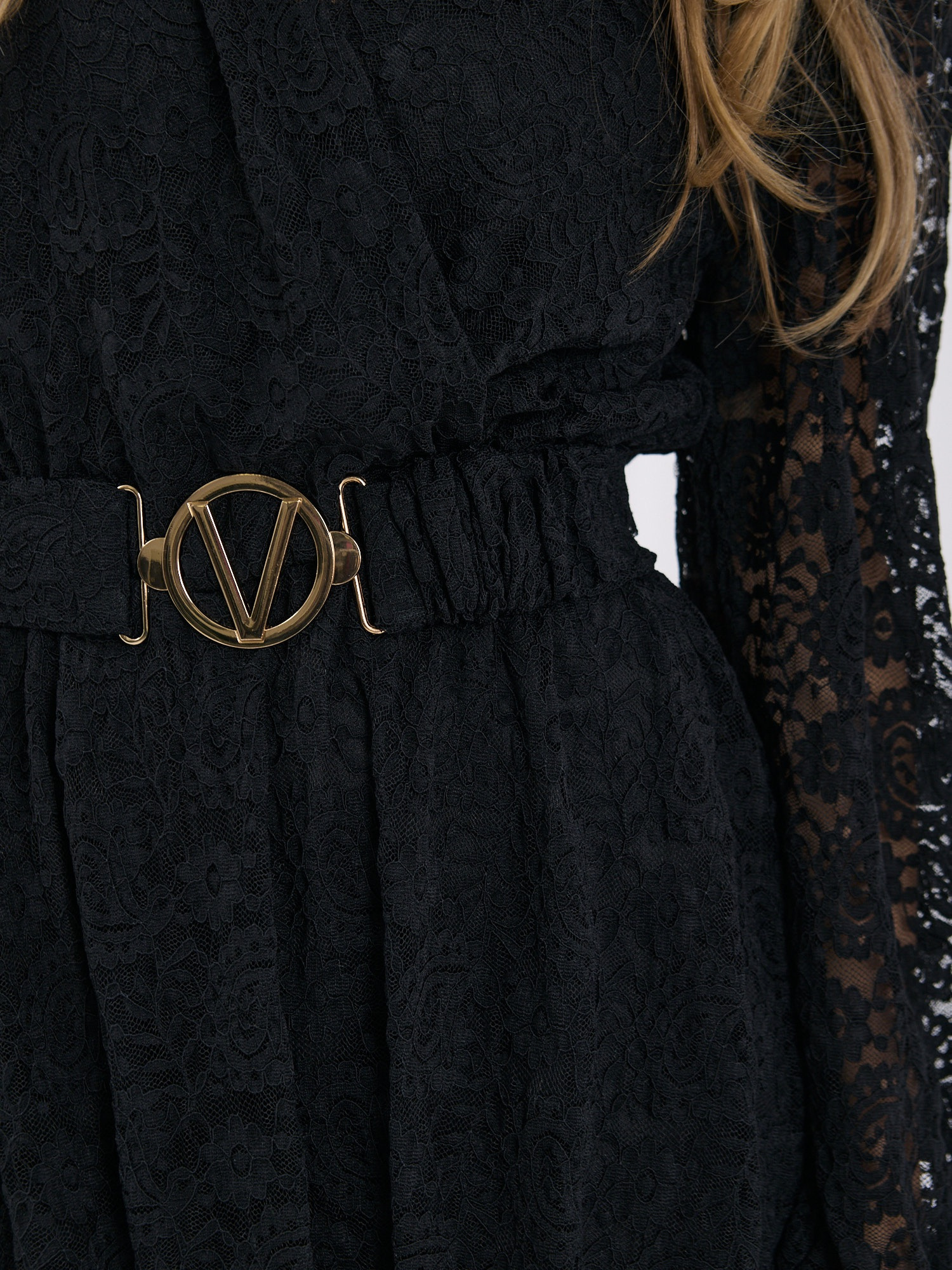 Black lace flared jumpsuit.